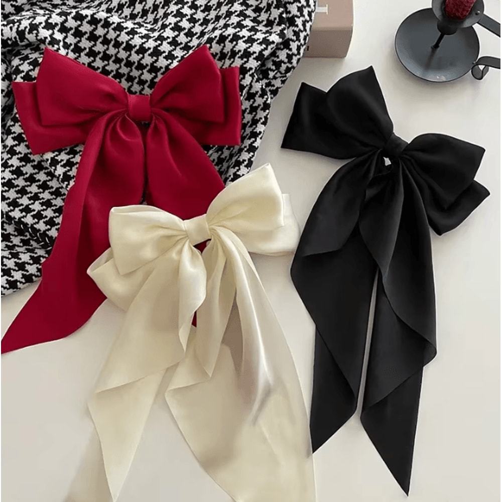 Korean Hair Clips Big Bowknot Solid Satin Long Ribbon Hair Clips For Women And Girls 4