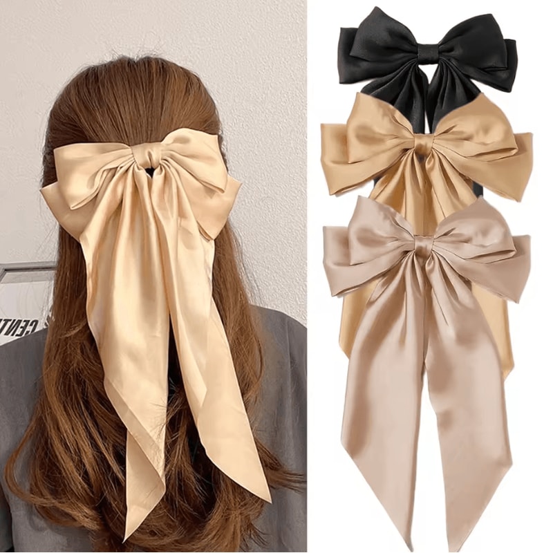 Korean Hair Clips Big Bowknot Solid Satin Long Ribbon Hair Clips For Women And Girls 27