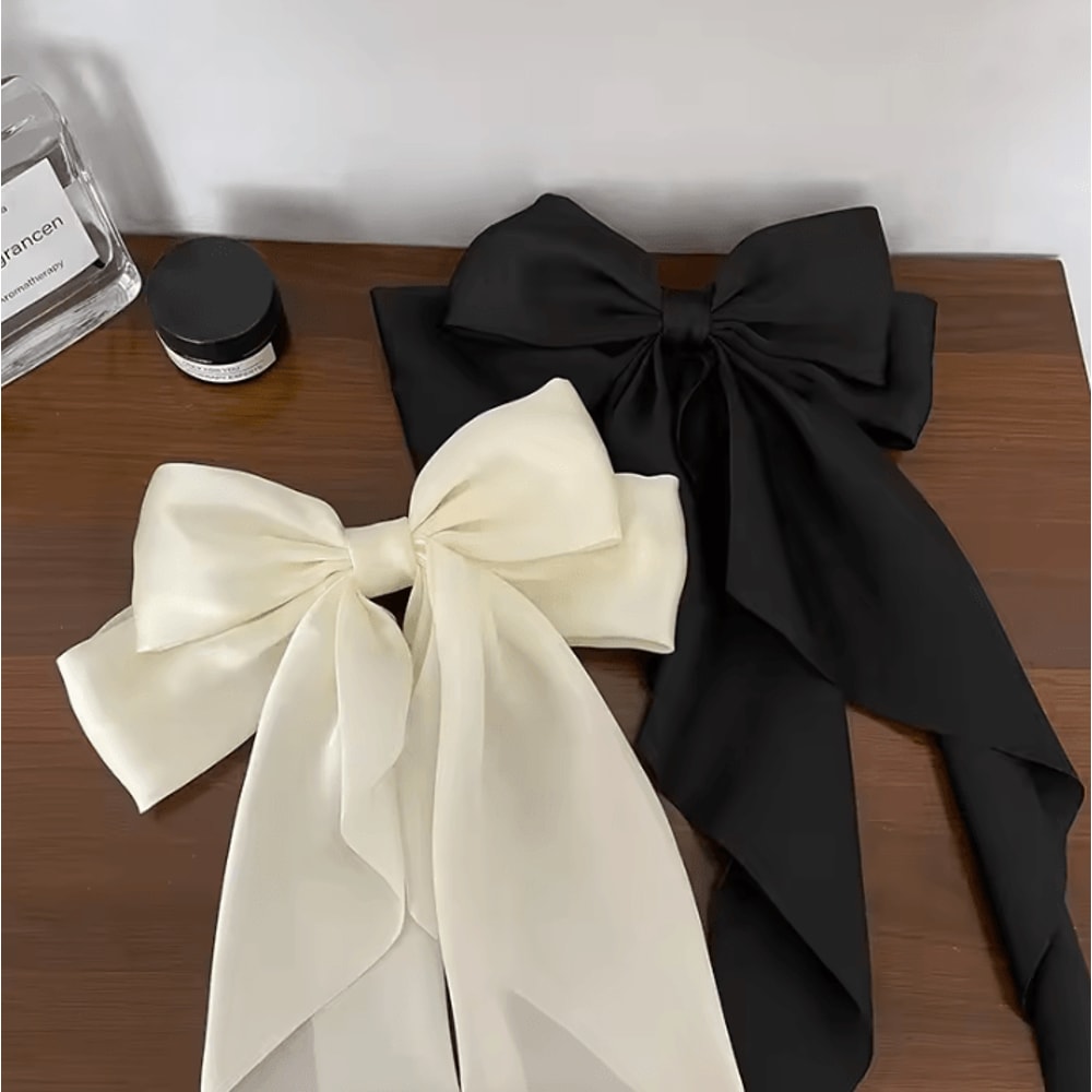 Korean Hair Clips Big Bowknot Solid Satin Long Ribbon Hair Clips For Women And Girls 19