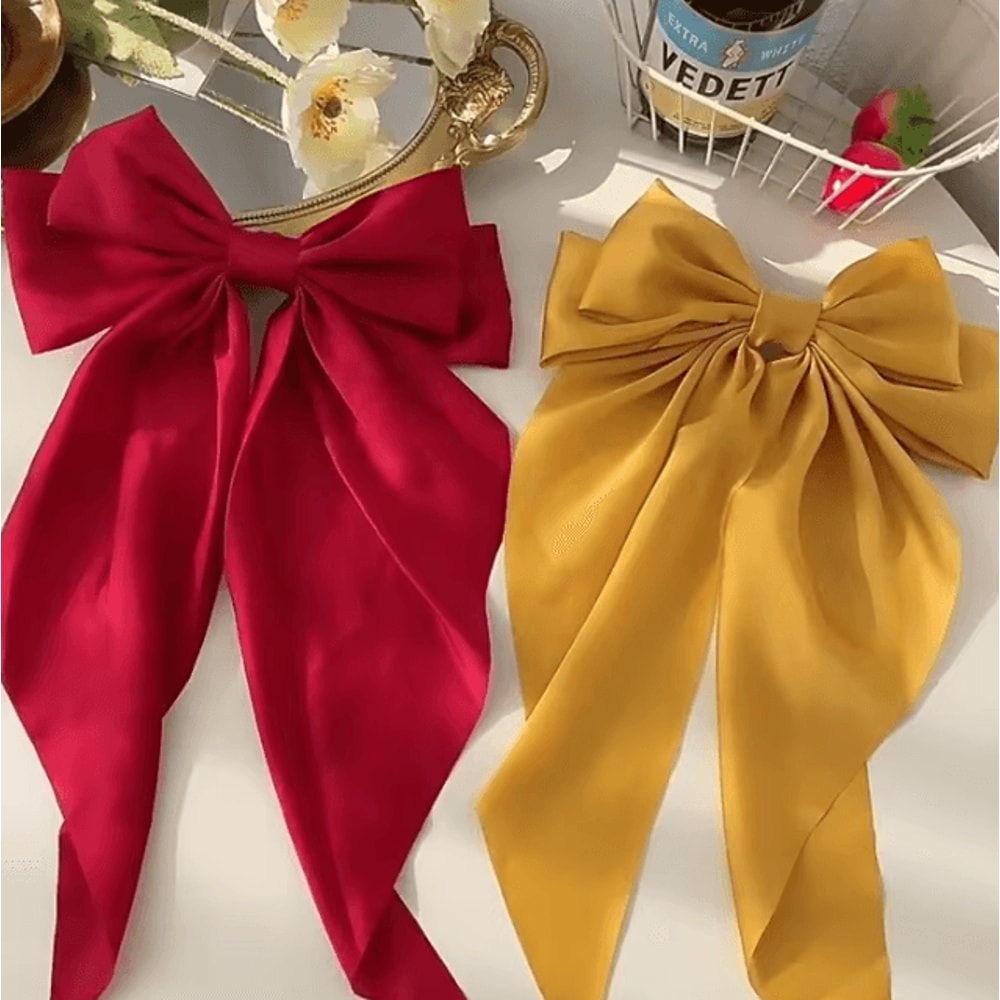 Korean Hair Clips Big Bowknot Solid Satin Long Ribbon Hair Clips For Women And Girls 20