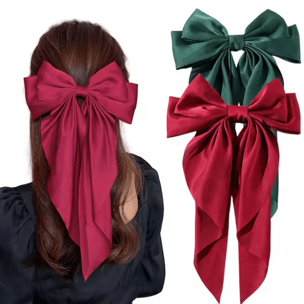 Korean Hair Clips Big Bowknot Solid Satin Long Ribbon Hair Clips For Women And Girls 21