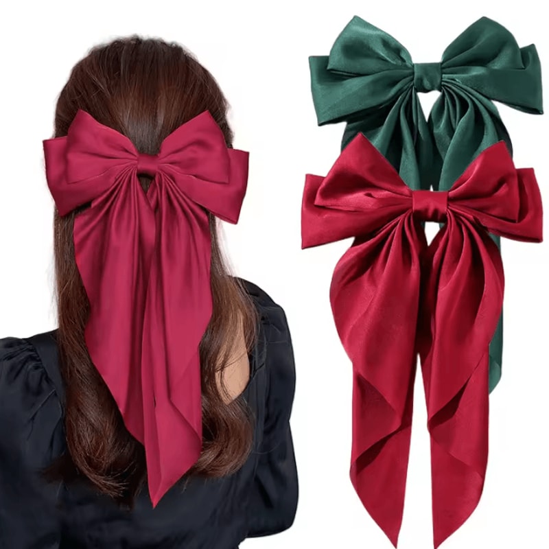 Korean Hair Clips Big Bowknot Solid Satin Long Ribbon Hair Clips For Women And Girls 21