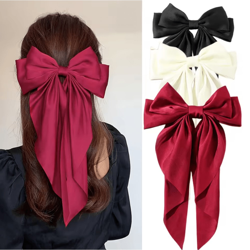 Korean Hair Clips Big Bowknot Solid Satin Long Ribbon Hair Clips For Women And Girls 22
