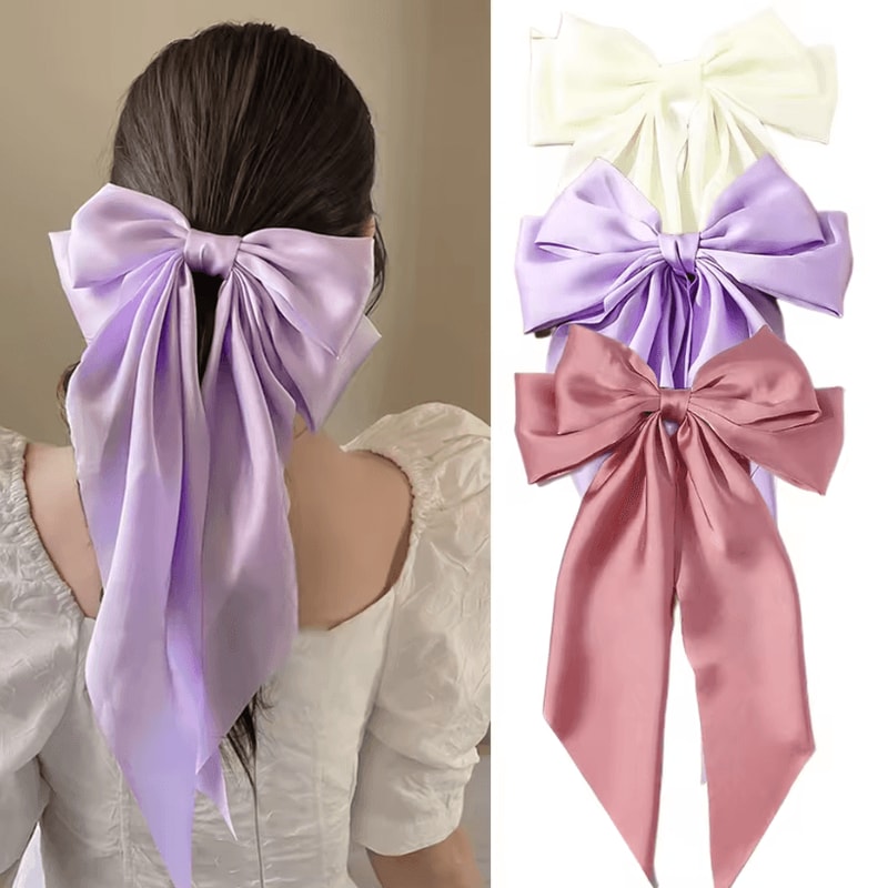 Korean Hair Clips Big Bowknot Solid Satin Long Ribbon Hair Clips For Women And Girls 23