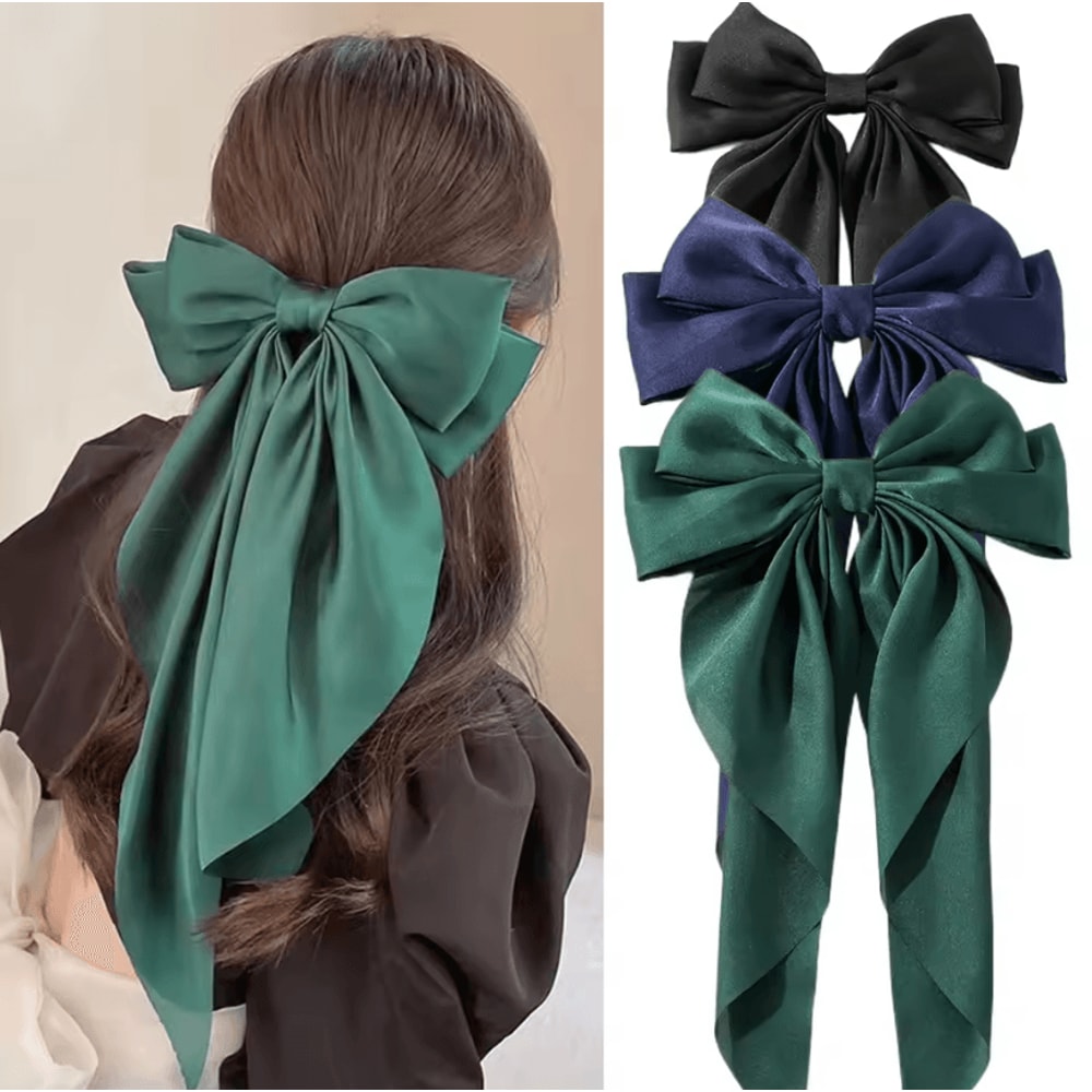 Korean Hair Clips Big Bowknot Solid Satin Long Ribbon Hair Clips For Women And Girls 24