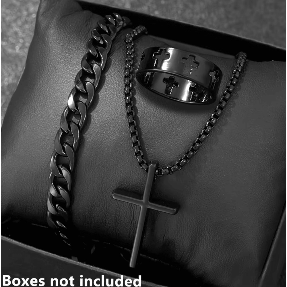 Mens 3Piece Mens Jewelry Set Alloy Cross Pendant Necklace Bracelet And Ring Combo 0