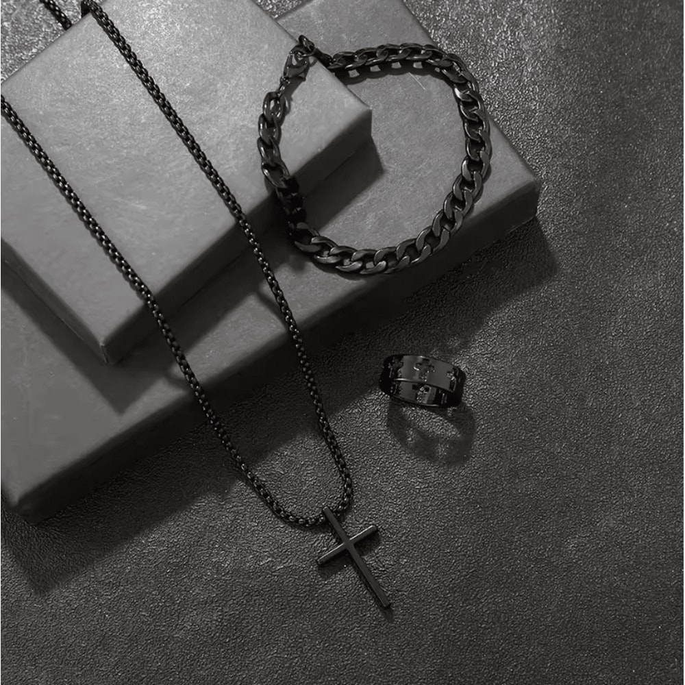 Mens 3Piece Mens Jewelry Set Alloy Cross Pendant Necklace Bracelet And Ring Combo 1