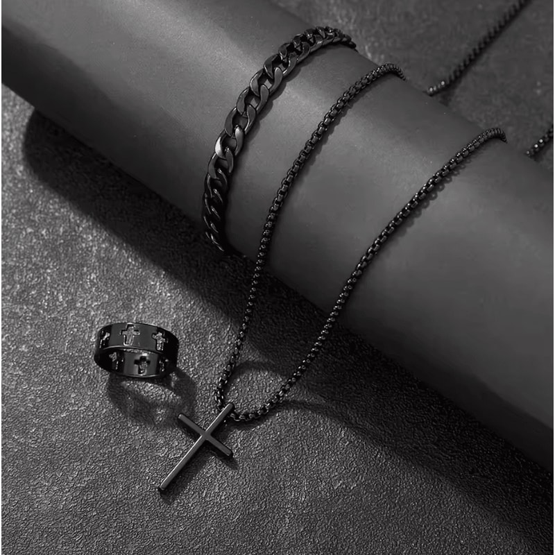 Mens 3Piece Mens Jewelry Set Alloy Cross Pendant Necklace Bracelet And Ring Combo 2