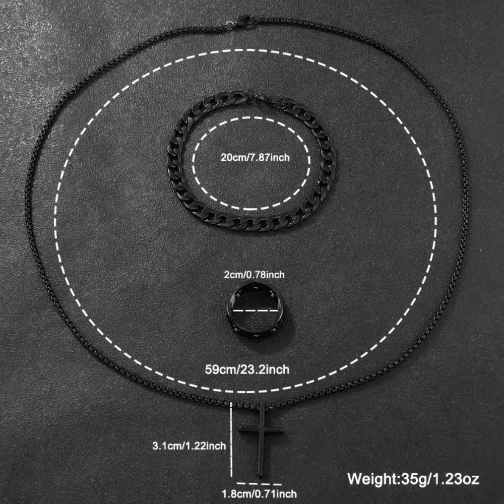 Mens 3Piece Mens Jewelry Set Alloy Cross Pendant Necklace Bracelet And Ring Combo 3