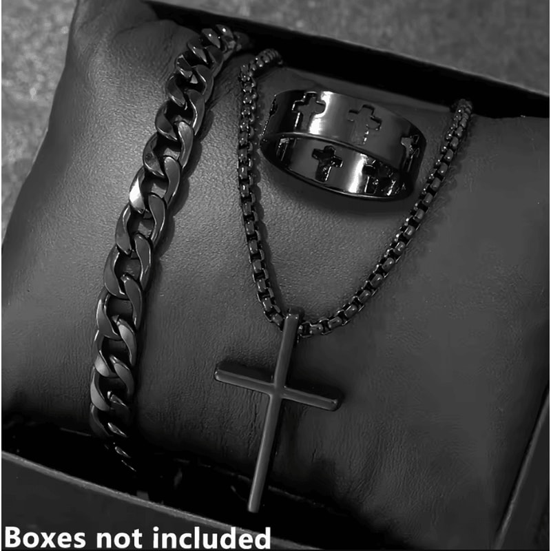 Mens 3Piece Mens Jewelry Set Alloy Cross Pendant Necklace Bracelet And Ring Combo 4