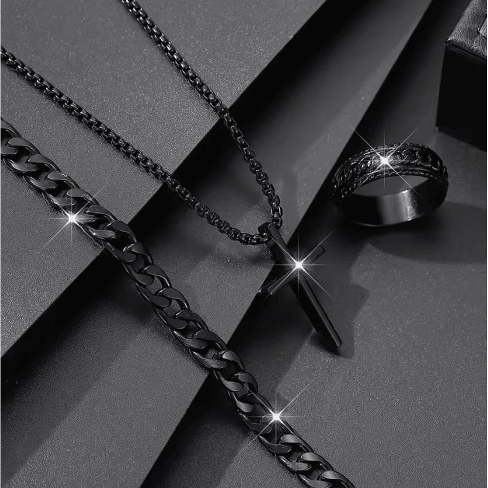 Mens 3Piece Mens Jewelry Set Alloy Cross Pendant Necklace Bracelet And Ring Combo 5