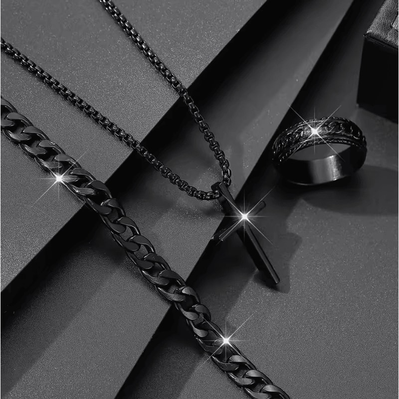 Mens 3Piece Mens Jewelry Set Alloy Cross Pendant Necklace Bracelet And Ring Combo 5