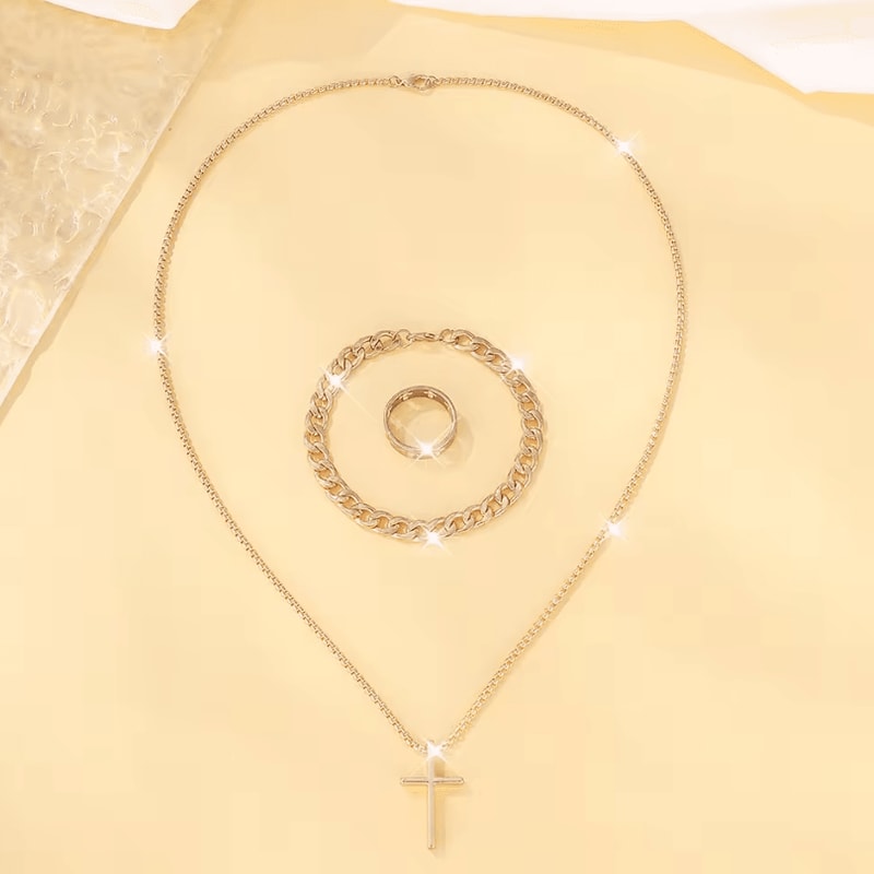 Mens 3Piece Mens Jewelry Set Alloy Cross Pendant Necklace Bracelet And Ring Combo 8