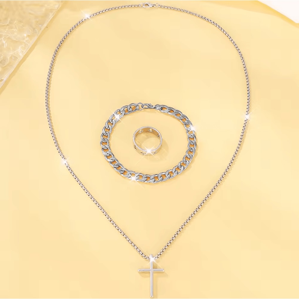 Mens 3Piece Mens Jewelry Set Alloy Cross Pendant Necklace Bracelet And Ring Combo 7