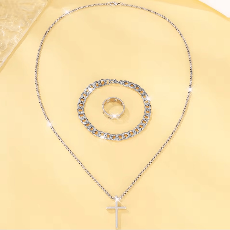 Mens 3Piece Mens Jewelry Set Alloy Cross Pendant Necklace Bracelet And Ring Combo 7