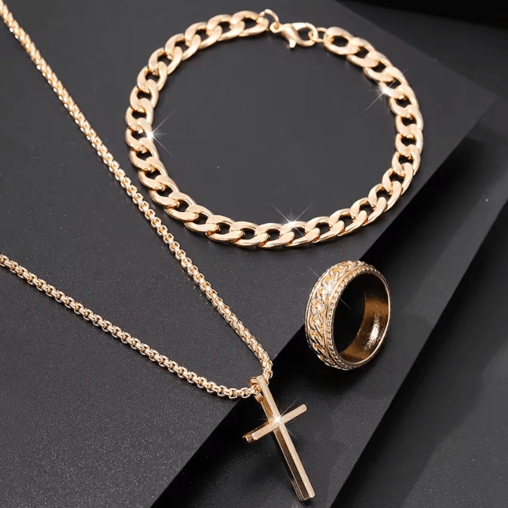 Mens 3Piece Mens Jewelry Set Alloy Cross Pendant Necklace Bracelet And Ring Combo 9