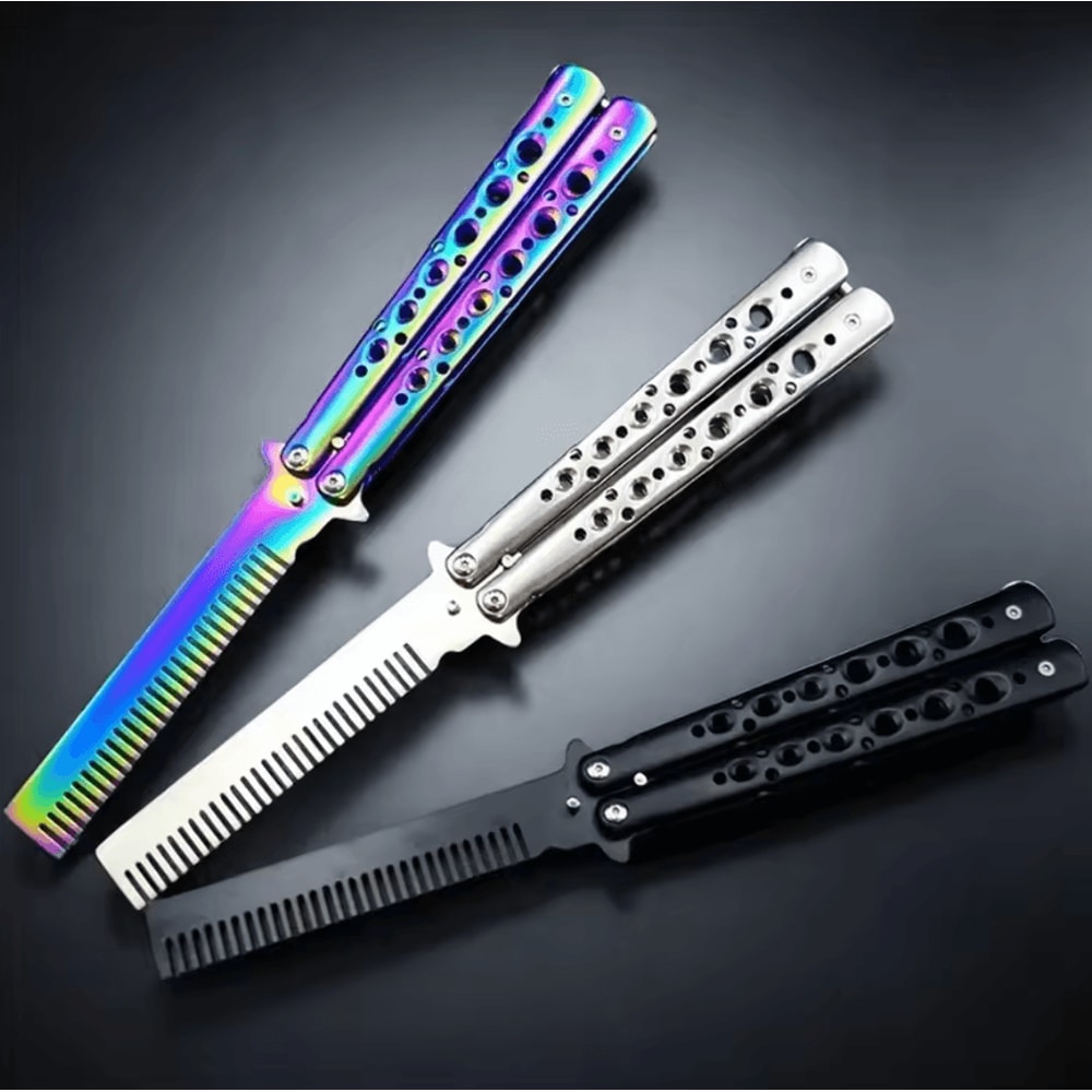 Foldable Stainless Steel Comb Butterfly Knife Style Grooming Tool For Beard And Moustache 0