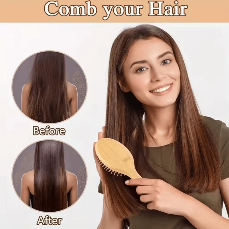 Marseilis Natural Bamboo Paddle Comb With Air Cushion For Scalp Massage AntiStatic Tangle Free Comb 3