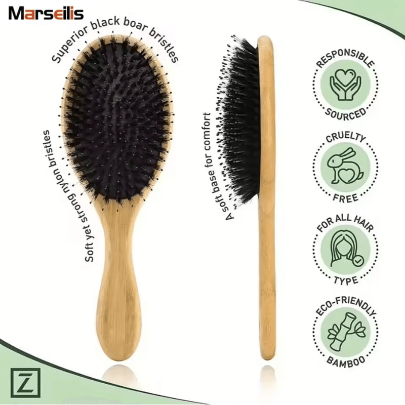 Natural Boar Bristle Hair Brush With Bamboo Handle AntiStatic Scalp Massage And Detangling Comb 0