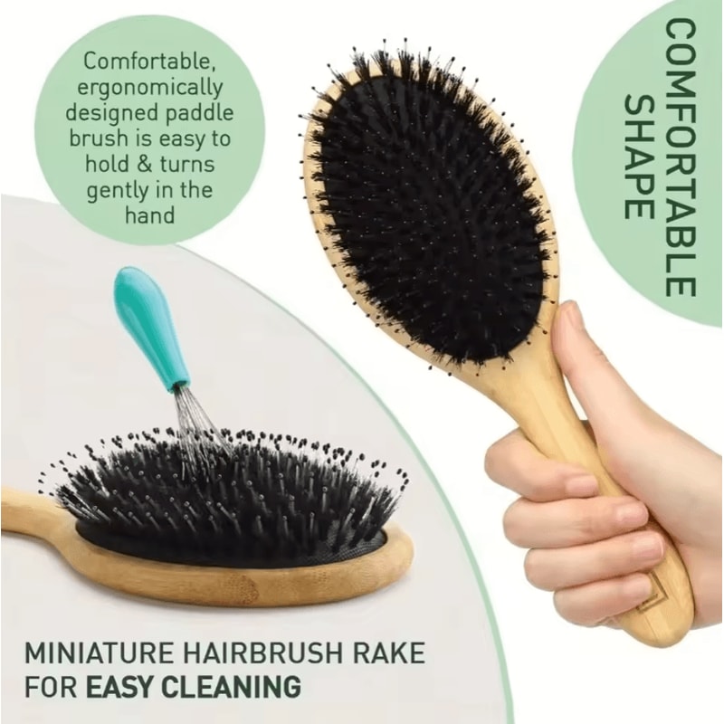 Natural Boar Bristle Hair Brush With Bamboo Handle AntiStatic Scalp Massage And Detangling Comb 1