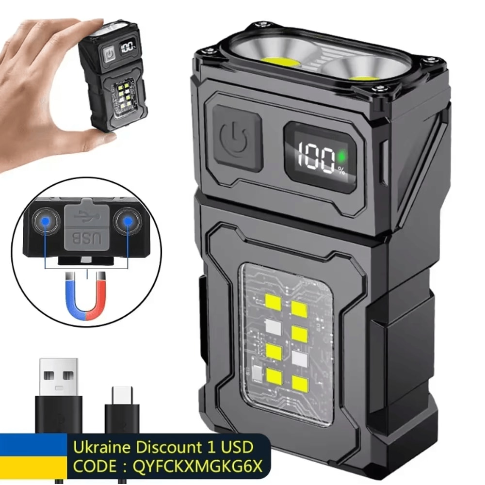 Mini USB Rechargeable LED Flashlight With Magnetic Tail And COB Emergency Light 0