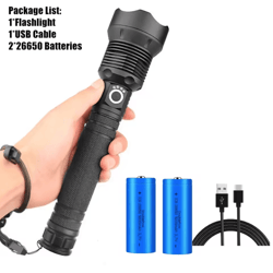 powerful usb rechargeable xhp70.2 flashlight with zoom led tactical torch for camping