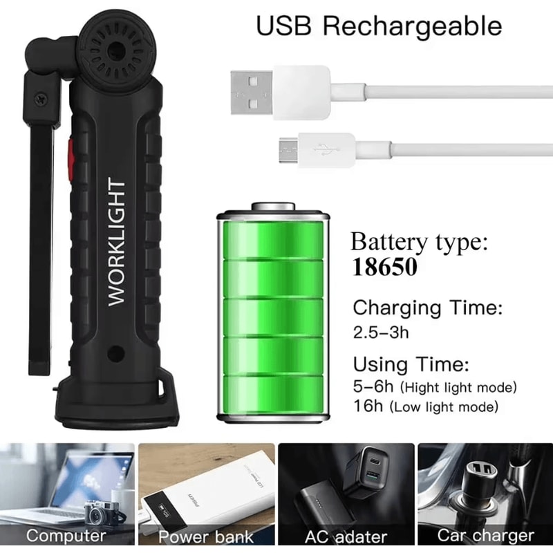 Rechargeable COB LED Work Light With Magnetic Hook USB Inspection Lamp And Power Bank Torch 3