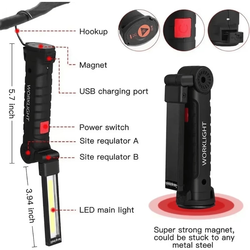 Rechargeable COB LED Work Light With Magnetic Hook USB Inspection Lamp And Power Bank Torch 5