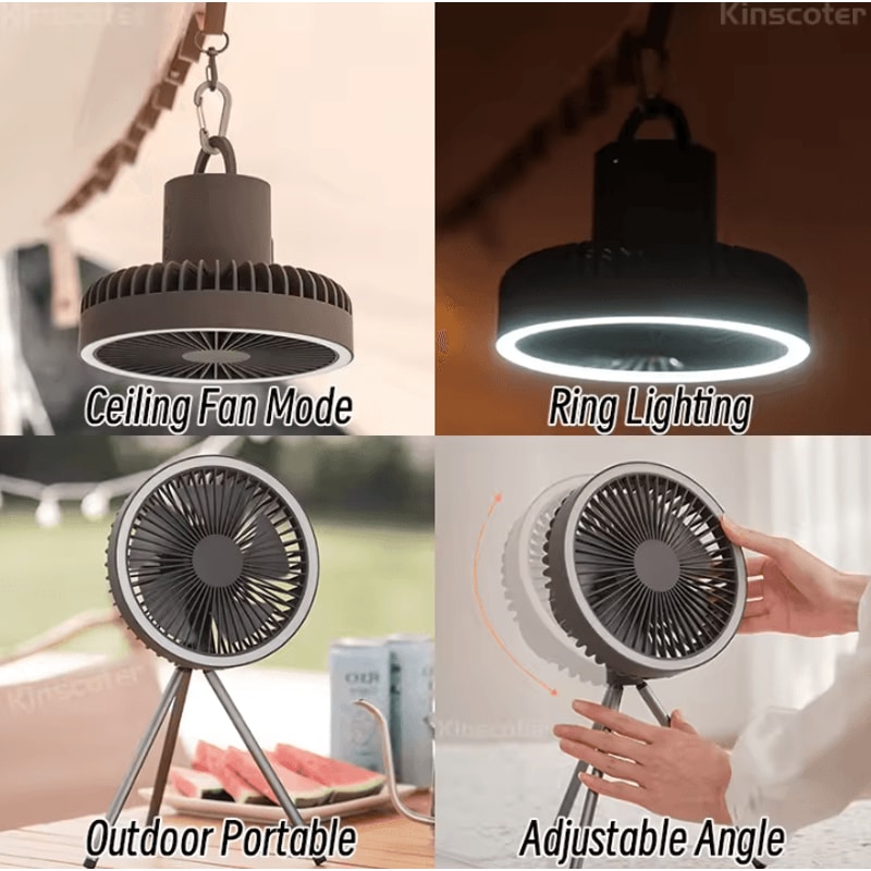 Rechargeable Portable Camping Fan Cordless Desktop And Ceiling Fan With Power Bank And LED Light 2