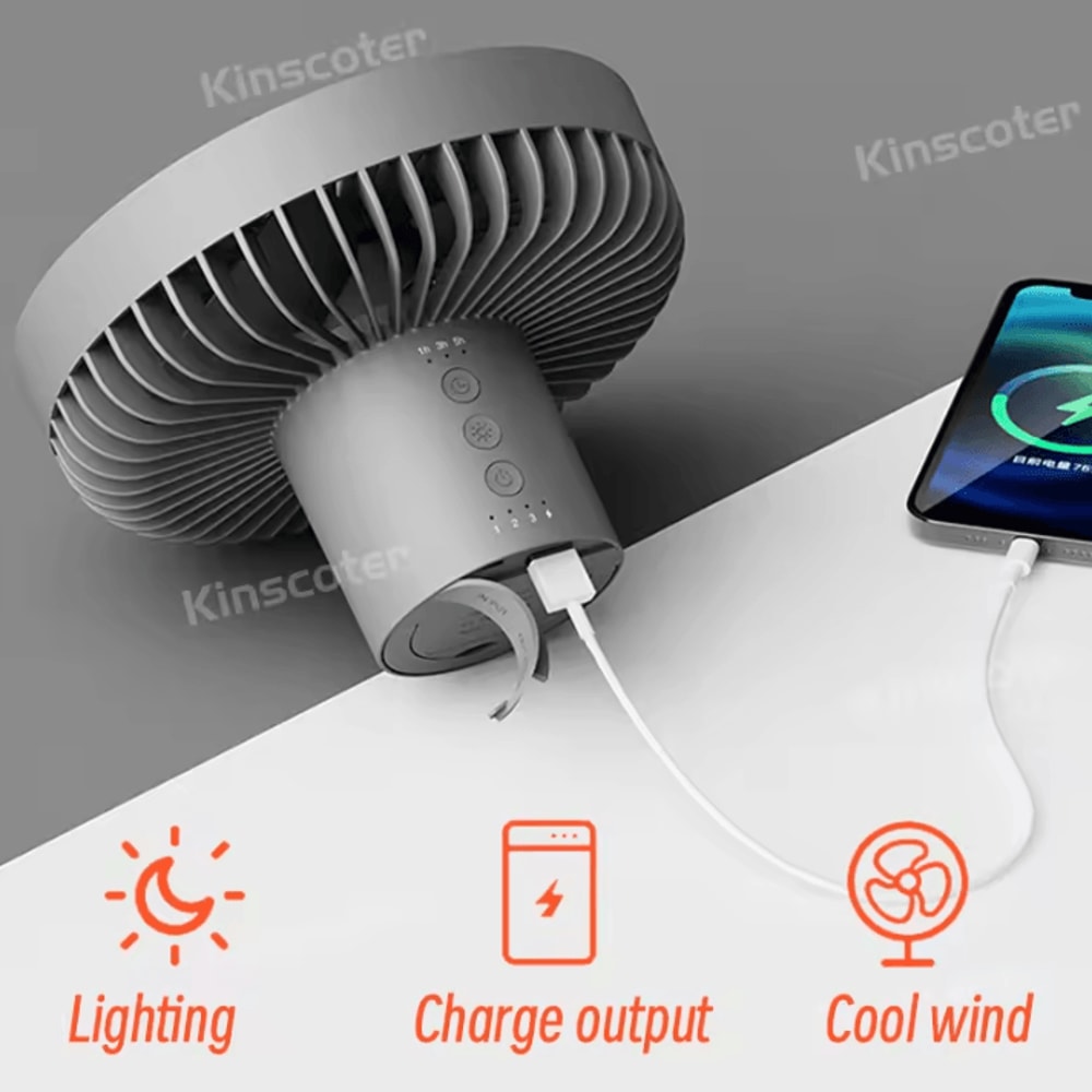 Rechargeable Portable Camping Fan Cordless Desktop And Ceiling Fan With Power Bank And LED Light 3