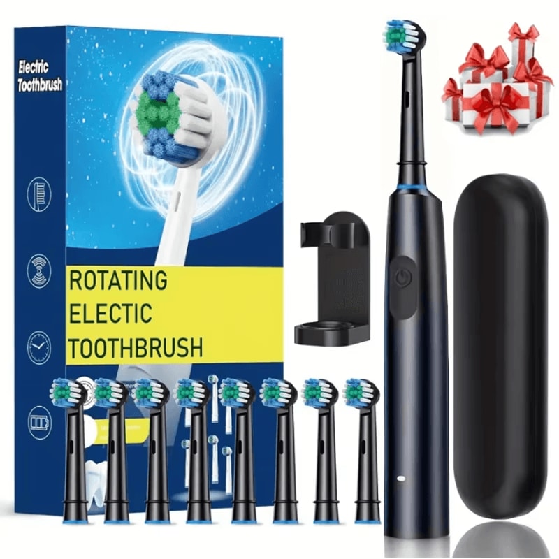 Rechargeable Electric Toothbrush With Rotary Action 8 Soft Brush Heads Oral Care Set 0