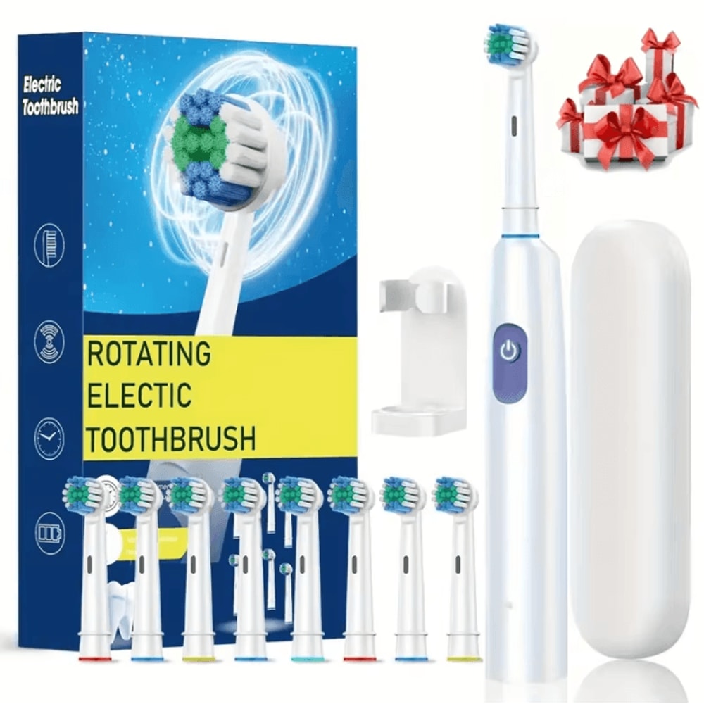 Rechargeable Electric Toothbrush With Rotary Action 8 Soft Brush Heads Oral Care Set 1