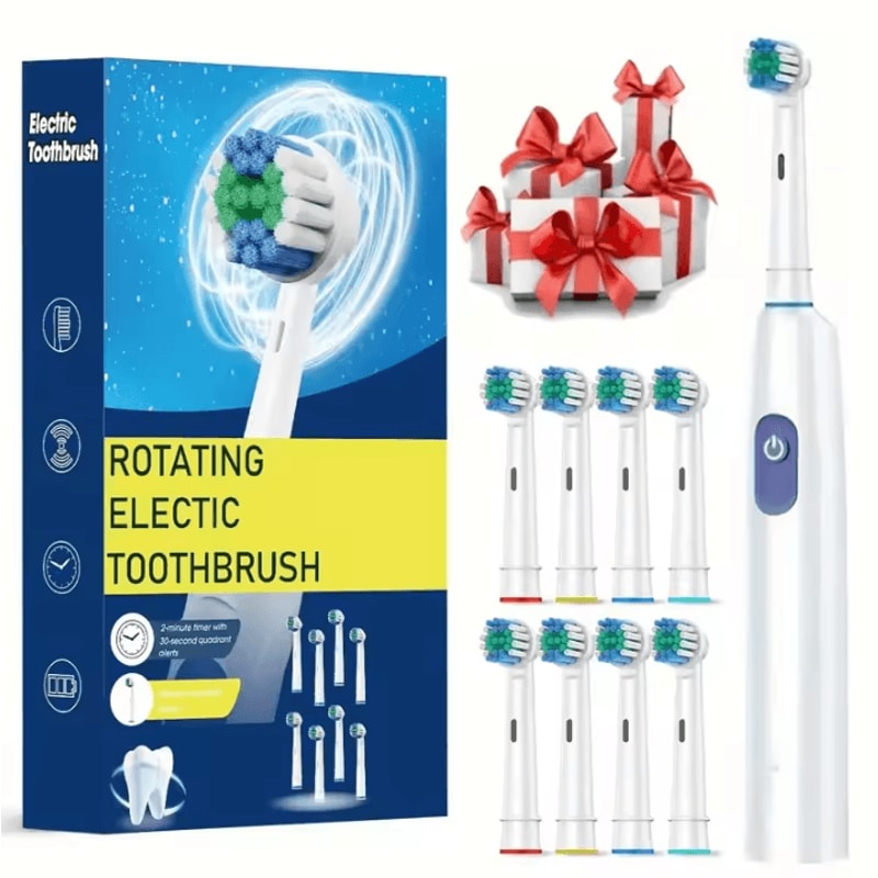 Rechargeable Electric Toothbrush With Rotary Action 8 Soft Brush Heads Oral Care Set 10