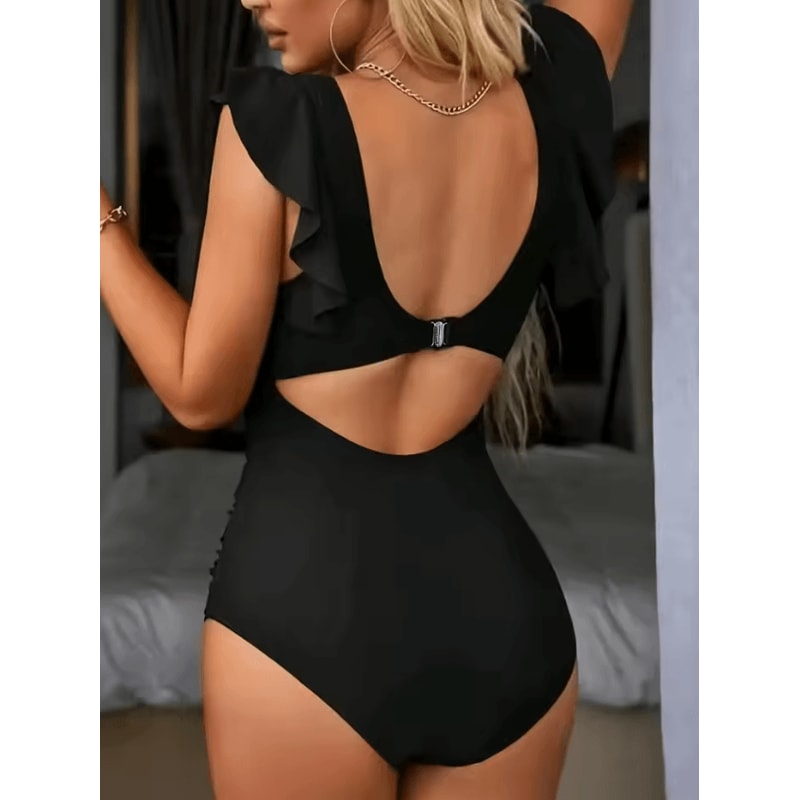 Womens Contrast Mesh One Piece Swimsuit VNeck Backless Tummy Control High Cut Swimwear 4