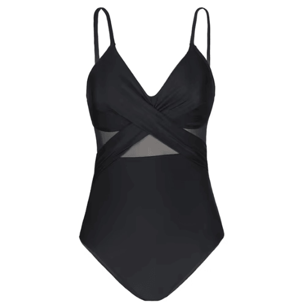 Womens Contrast Mesh One Piece Swimsuit VNeck Backless Tummy Control High Cut Swimwear 5