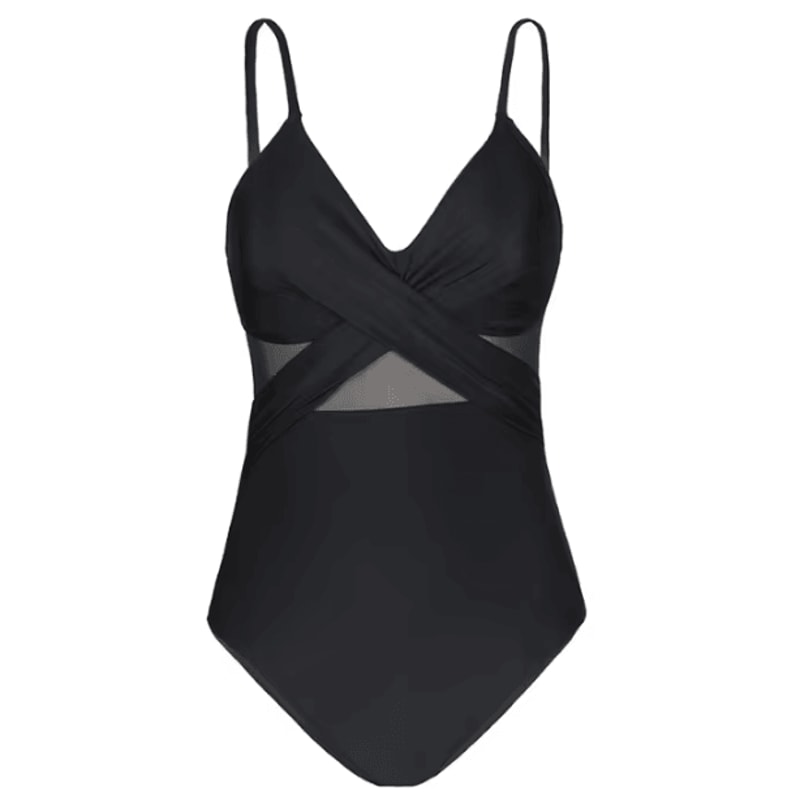 Womens Contrast Mesh One Piece Swimsuit VNeck Backless Tummy Control High Cut Swimwear 5