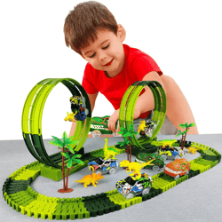magic climbing electric dinosaur car track set – flexible bend race railway with flashing light cars for kids