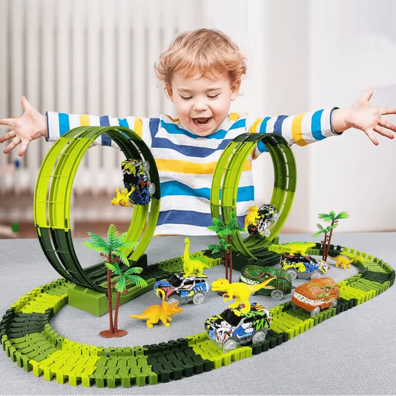 Magic Climbing Electric Dinosaur Car Track Set Flexible Bend Race Railway With Flashing Light Cars 4