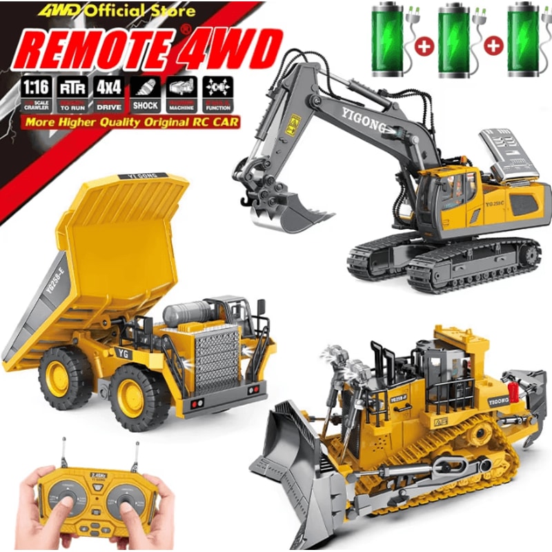 4WD Remote Control Excavator And Bulldozer RC Construction Vehicle Toy Alloy Dump Truck For Kids 0
