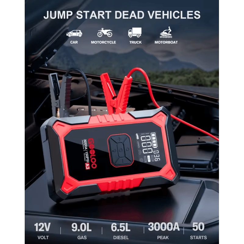 GOOLOO A3 Portable Car Jump Starter With Air Compressor 3000A Battery Booster And 150PSI Auto Shut 1