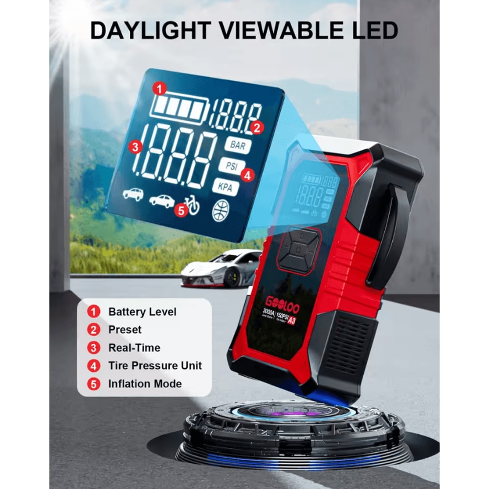 GOOLOO A3 Portable Car Jump Starter With Air Compressor 3000A Battery Booster And 150PSI Auto Shut 3
