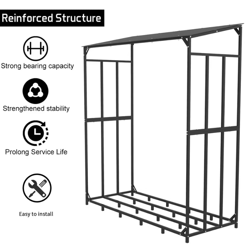 Heavy Duty Outdoor Firewood Storage Log Rack Metal Firewood Stand With Top Cover Rust Resistant 4