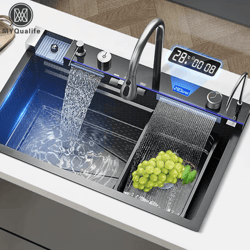 304 stainless steel waterfall kitchen sink – large single basin with digital display faucet and soap dispenser