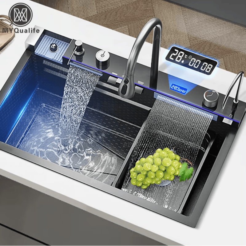 304 Stainless Steel Waterfall Kitchen Sink Large Single Basin With Digital Display Faucet And Soap 0