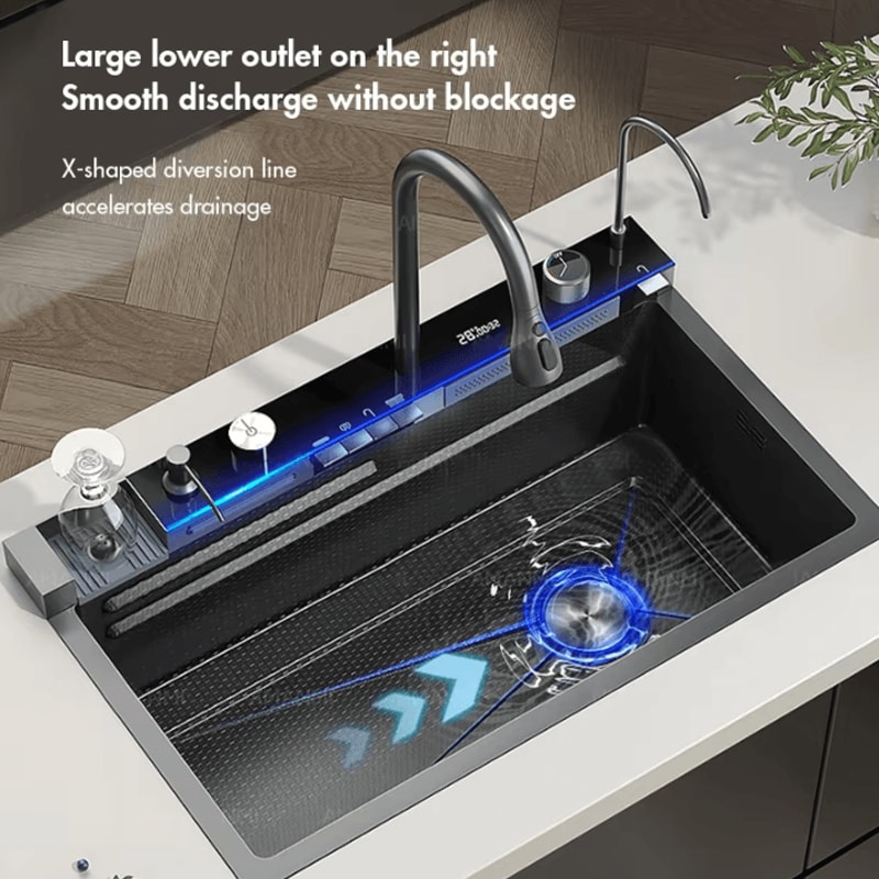 304 Stainless Steel Waterfall Kitchen Sink Large Single Basin With Digital Display Faucet And Soap 1