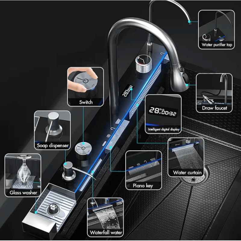 304 Stainless Steel Waterfall Kitchen Sink Large Single Basin With Digital Display Faucet And Soap 2