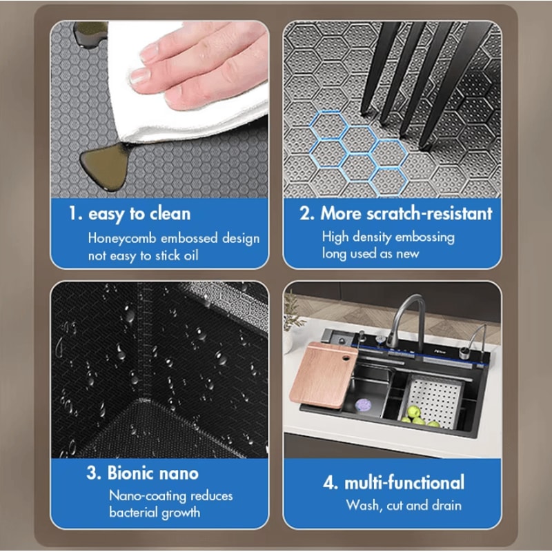 304 Stainless Steel Waterfall Kitchen Sink Large Single Basin With Digital Display Faucet And Soap 3