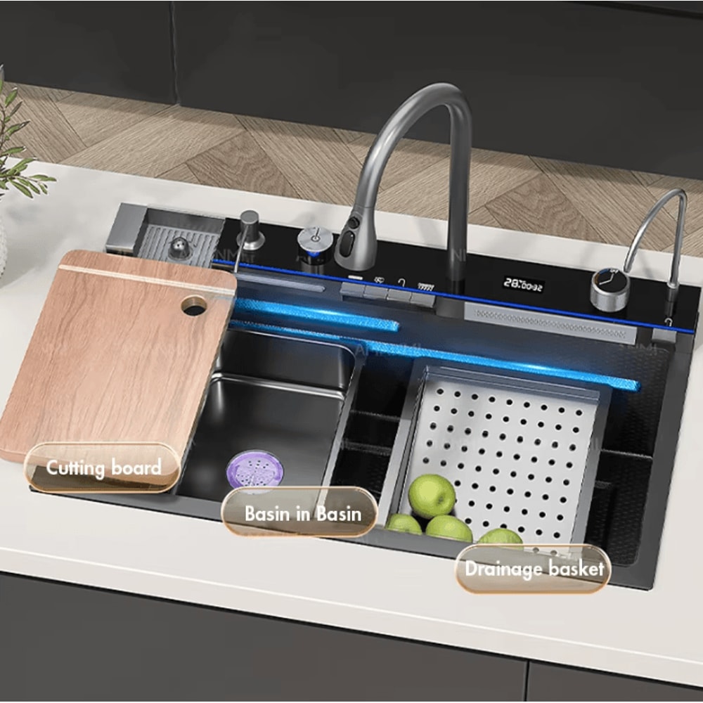 304 Stainless Steel Waterfall Kitchen Sink Large Single Basin With Digital Display Faucet And Soap 4