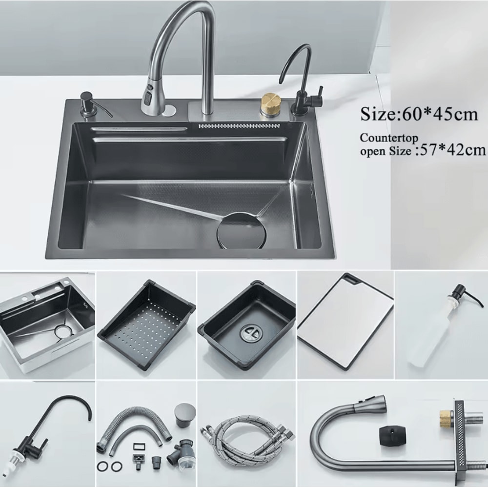 304 Stainless Steel Waterfall Kitchen Sink Large Single Basin With Digital Display Faucet And Soap 6