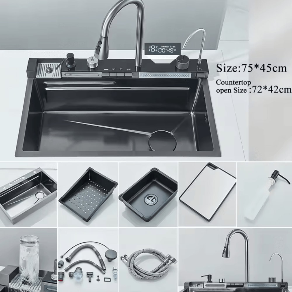 304 Stainless Steel Waterfall Kitchen Sink Large Single Basin With Digital Display Faucet And Soap 7